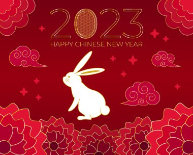 Chinese New Year greeting card with decorative rabbit, 2023 New Year invitation, card, greeting, postcard, gift, vector illustration.