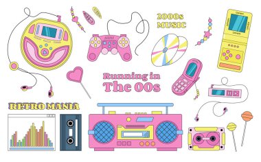 Y2K nesneleri, oyun defteri, müzik çaları, diskler, dekorasyonlar, vektör nesneleri, çıkartmalar, retro titreşimler koleksiyonu.