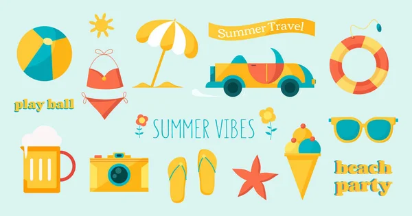 Vector Collection Summer Objects Flat Style Cute Summer Stickers Seasonal — Stock Vector