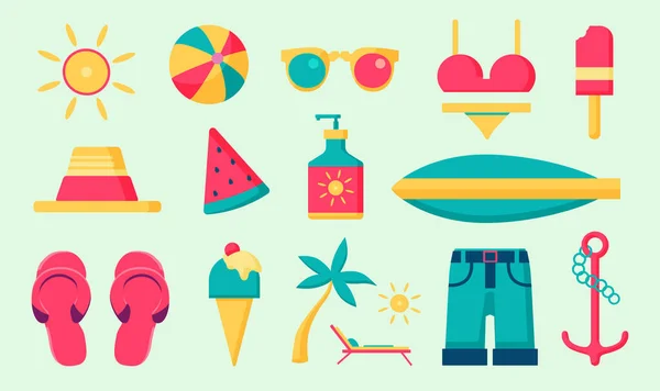 stock vector Vector collection of summer objects in a flat style, simple summer stickers, seasonal illustrations.