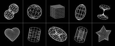 Geçmişe dönük Y2K estetik, üç boyutlu nesneler, dekoratif tasarım elemanları gibi 3D vektör figürleri ve şekilleri seti.