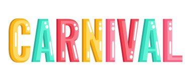 Karnaval harfleri, afişler, davetiyeler, partiler ve karnaval duyuruları, renkli yazılar, dekorasyon.