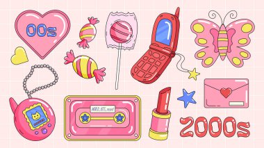 Trendy Y2K group of nostalgic retro objects, 2000s mobile phone, audio cassette, sweets and lollipops, gamepads, lipstick, hearts and butterfly. clipart