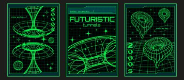 3D vektör tünelleri, formları ve şebeke arka planında yıldızları olan son moda Y2K posterleri. 2000 'lerin estetik sancakları.