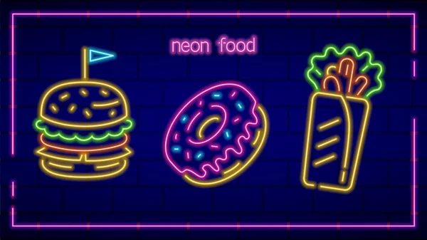 Drei Neonfarbene Fastfood Ikonen Burger Donut Und Shawarma Leuchtende Schilder — Stockvektor