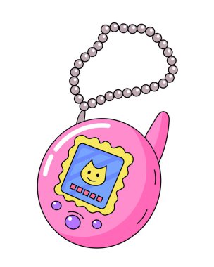 Pembe eski moda tamagotchi oyuncağı, modayı takip eden Y2K estetik, retro çizim, vektör tasarım elementi için dekoratif sanat.