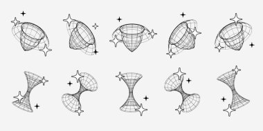 Y2K geçmişe dönük moda elementler, elmaslar ve tüneller, 3D kablo modeller, boyutsal grafik tasarım şekilleri.
