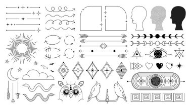 Mystic ve Y2K tarzında farklı dövmeler. Çerçeve, insan kafası, astroloji elementleri, baykuşlar ve yılanlı grafiksel element tasarımı. Eski okul vektör dövmesi.