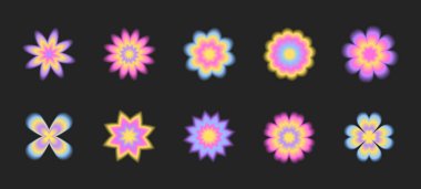 Parlak Y2K tasarım elementleri ve semboller, retro nesneler, 2000 'lerin bulanık şekilli estetik grubu.