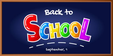 Tahtada parlak harflerle okul afişine, Bilgi Günü selamlaşmasına. Vektör illüstrasyonu.