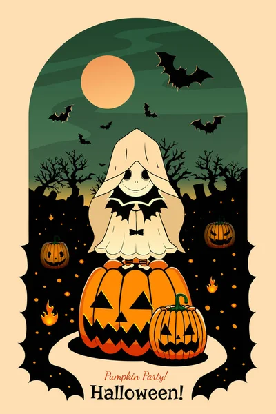 Плакат Хэллоуина Приветствие Приглашение Призраком Тыквами Кладбище Луна Летучие Мыши — стоковый вектор