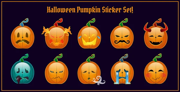 Sticker Halloween Citrouille Serti Émoticône Jack Lantern Personnages Citrouille Sourires — Image vectorielle