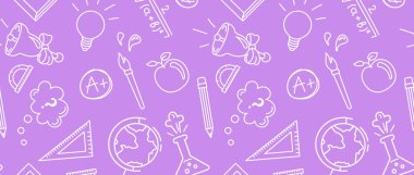 Okul malzemeleri, vektör çizimleri, ağ ve parmak izleri için arkaplan deseni, dekorasyonlar, grafik tasarımları ile kusursuz desen.