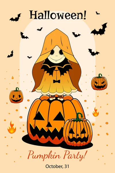 Affiche Halloween Salutation Invitation Avec Fantôme Citrouilles Sur Cimetière Avec — Image vectorielle