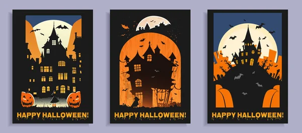 Плакаты Хэллоуина Векторные Баннеры Приветствие Приглашение Хэллоуин Жутким Силуэтом Дома — стоковый вектор