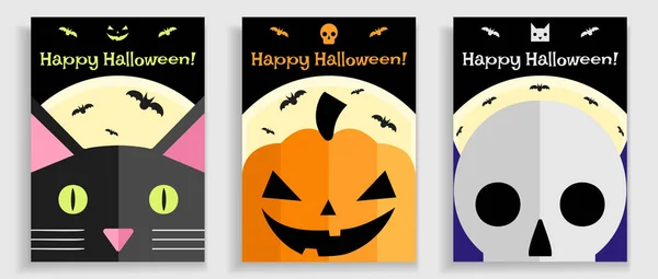 Trois Affiches Halloween Dans Style Plat Avec Chat Noir Lanterne — Image vectorielle