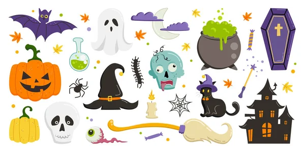 Sticker Pack Éléments Dessin Animé Halloween Illustration Vectorielle Grand Ensemble — Image vectorielle
