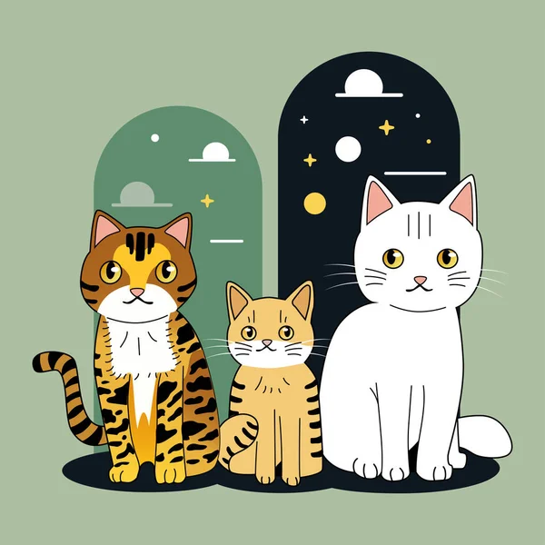 Tre Gatti Carini Animali Domestici Cartolina Quadrata Regalo Adesivo Illustrazione — Vettoriale Stock