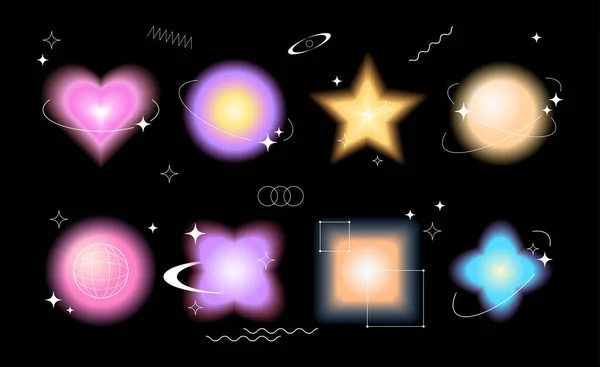一组模糊的发光图形 复古图形 模糊的物体在一个白色的未来派框架和星星 — 图库矢量图片