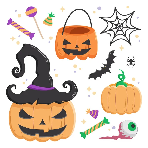 Rancangan Halloween Elemen Elemen Kecil Stiker Yang Diset Dengan Simbol - Stok Vektor