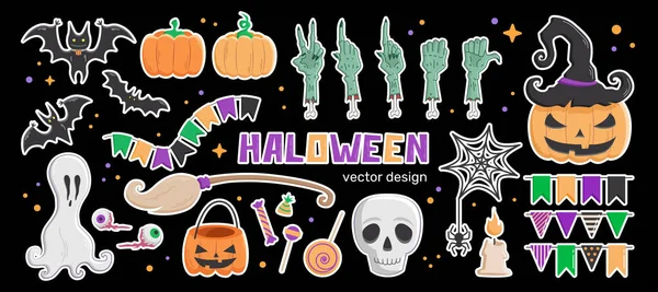 Ensemble Éléments Design Halloween Ensemble Autocollants Avec Symboles Halloween Citrouilles — Image vectorielle