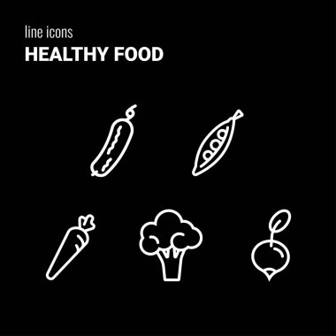 Beş ana hatlı sağlıklı yiyecek ikonu, sebze sembolleri, vektör piktogramları, logolar, çizimler, salatalık, bezelye, havuç, brokoli ve turp..