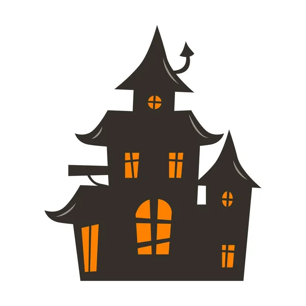 Silueta Casa Embrujada Halloween Con Brillantes Ventanas Naranjas Pegatina Ilustración — Vector de stock