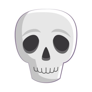 Cadılar Bayramı kafatası çıkartması süslemesi, tek nesne, vektör çıkartması, süsleme, ölü insan vücudu parçası, ürkütücü kafatası çizimi.