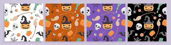 Conjunto Cuatro Patrones Sin Costura Halloween Con Símbolos Halloween Calabazas — Vector de stock