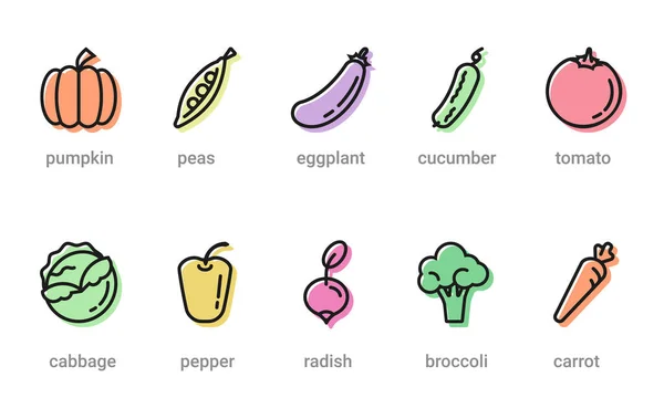 Set Dieci Icone Contorno Cibo Sano Simboli Vegetali Rete Applicazioni — Vettoriale Stock