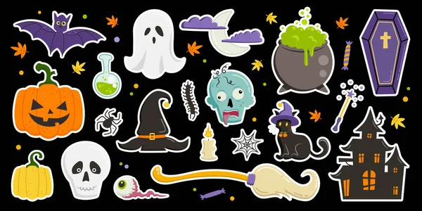 Sticker Pack Éléments Dessin Animé Halloween Illustration Vectorielle Grand Ensemble — Image vectorielle