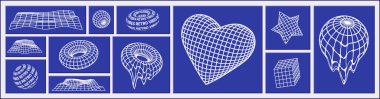 Y2K modayı ve 3D vektör geometrik şekiller, siyah çerçevelerde boyutsal geometrik asit formları.