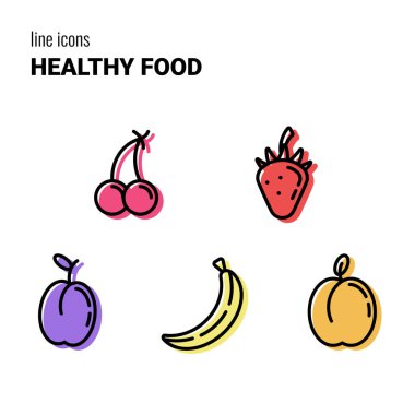 Beş renkli taslak Sağlıklı gıda simgeleri, meyve sembolleri, vektör piktogramları, logolar, çizimler, kiraz, çilek, erik, muz ve şeftali.