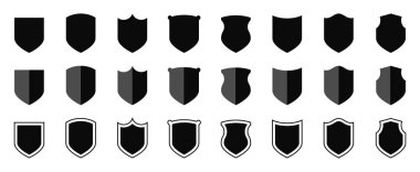 Beyaz üzerine izole edilmiş farklı şekillerde kalkan siluetleri, çıkartmalar, çerçeveler, koruma işaretleri, amblemler, savunma işaretleri ve sembolleri..