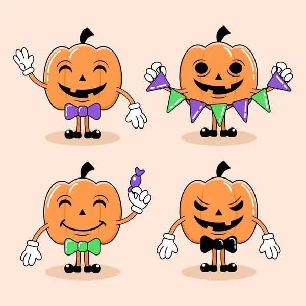 Zestaw Czterech Cute Latarnie Dyni Kreskówki Jack Lantern Znaków Halloween — Wektor stockowy