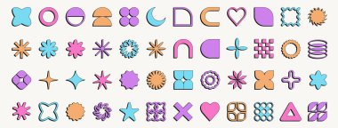 Renkli soyut geometrik şekiller ve formlar kümesi. Vahşi çağdaş figürler, yıldızlar, çiçekler ve diğer ilkel elementler. Moda Y2K işaretleri ve sembolleri.