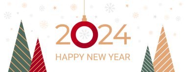 2024 Yeni Yıl Beyaz Sancağı, selamlama, parti davetiyesi, düz köknar ağaçları, mesaj yağmuru, yıldızlar ve kar taneleri süslemeleri içeren grafik şablonu. Tatil arkaplan vektörü illüstrasyonu.