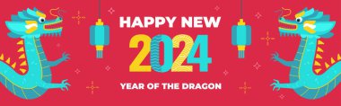 İçinde iki ejderha olan Çin Yeni Yılı afişi, ay astrolojisi işareti, 2024 yılının sembolü, düz bir grafikle yeni yıl kutlaması posteri, vektör çizimi.