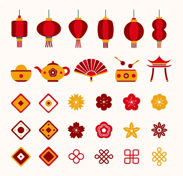 Chiński Nowy Rok Latarnia Festiwal Graficzny Zestaw Świątecznych Przedmiotów Symboli Wektor Stockowy