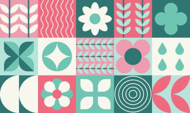 Bitkilerin geometrik düz kompozisyonu, doğal soyut dekoratif sanat, süs desenli web afişi ve poster. Vektör illüstrasyonu.