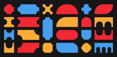 Soyut retro şekiller, temel vahşi biçimler ve Y2K estetik figürleri, klasik çıkartmalar, logolar, etiketler. Dekoratif tasarım ögeleri, vektör illüstrasyonu.