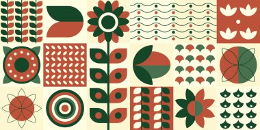 Bauhaus bitkileri düz bir tarzda, fayans desenli, yapraklı, geometrik formlu ve şekilli duvar kağıtlı. Vektör illüstrasyonu.