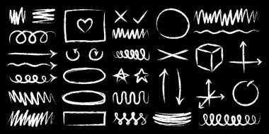 Beyaz el yazması karalamalar ve el çizimleri, siyah arkaplan üzerinde grafik tasarım ögesi, vektör illüstrasyonu.