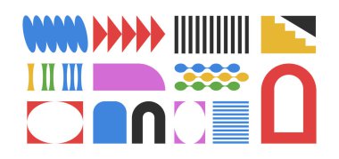 Soyut, vahşi şekiller ve Bauhaus stili şekiller. Etiketler, retro geometrik şekiller. Vektör illüstrasyonu.