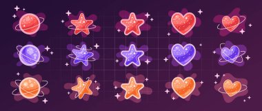 Parlak çıkartmalar, çerçeveli y2k şekilleri, duyma, yıldızlar, gezegenler, uzay elementleri ve portallardan geçen sıvı. Retro grafik tasarım elementleri. Vektör illüstrasyonu.