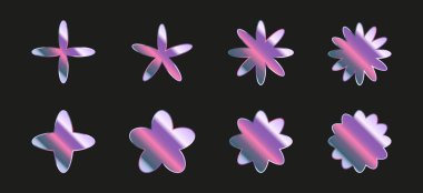 Soyut retro metalik şekiller, temel vahşi biçimler ve Y2K estetik figürleri, klasik çıkartmalar, logolar, etiketler. Dekoratif tasarım ögeleri, vektör illüstrasyonu.