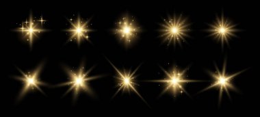 Parıldayan altın parıltılar ve yıldızlardan oluşan bir set. Parıltılar ve pullarla parıldıyor. Siyah arkaplanda bir grup ışık efekti. Vektör illüstrasyonu.
