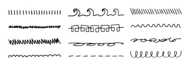 Siyah çizgiler, karalamalar ve karalamalar soyut el yazması çizimler, tasarım elemanları ve dekoratif çıkartmalar. Vektör sanatı.