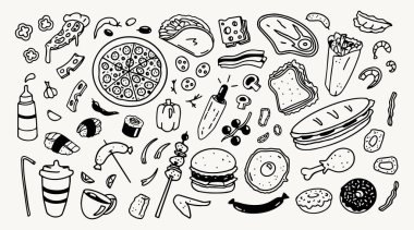 Gıda karalamaları, fast food, abur cubur ve malzeme çizimleri, el çizimi vektör grafik tasarım elemanları, menüler ve web siteleri için dekorasyonlar.