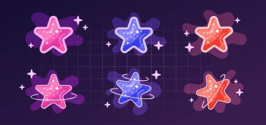 Parlayan yıldız çıkartmaları, çerçeveleri, yıldızları, gezegenleri, uzaysal elementleri ve portallardan geçen sıvıyı içeren Y2k şekilleri. Retro grafik tasarım elementleri. Vektör illüstrasyonu.